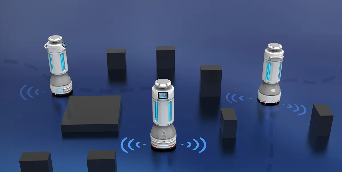 Trzy roboty M2 koordynujące trasy – wizualizacja współpracy wielu robotów