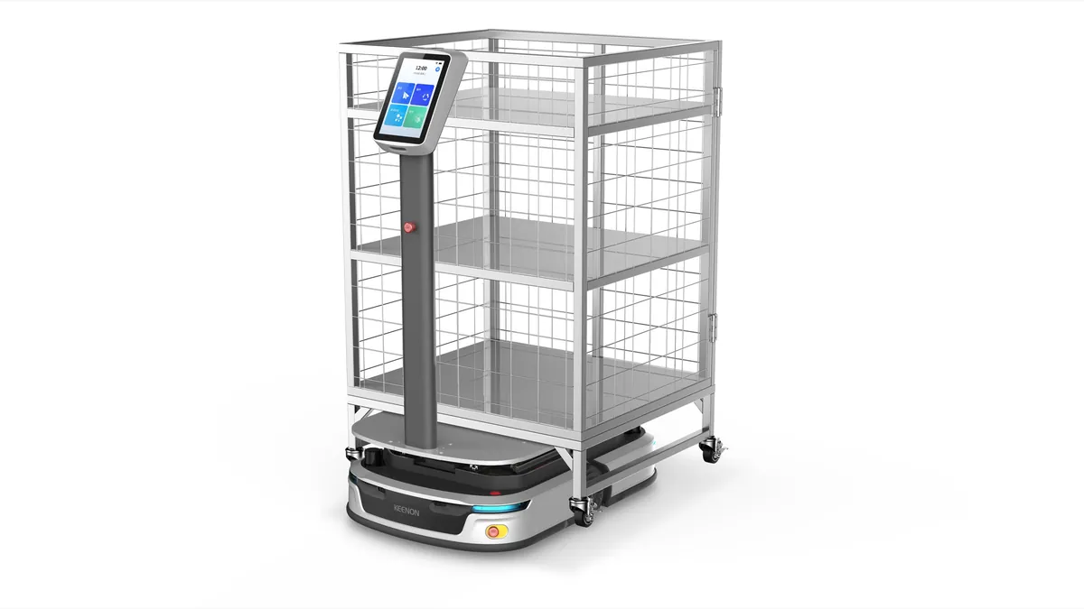 KEENON S-series chassis with wire-mesh cage trolley — top-module configuration render that KEENON shows on both its S100 and S300 pages (no model badge)