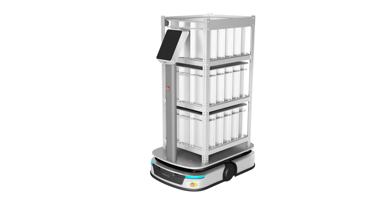 KEENON S-series chassis with tiered shelf rack of bins — configuration render shared by KEENON's S100 and S300 pages (no model badge)