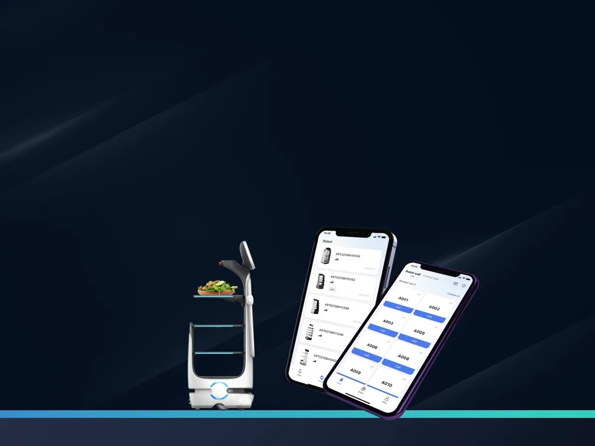 T10 obok ekranów aplikacji mobilnej do śledzenia i przywoływania robota